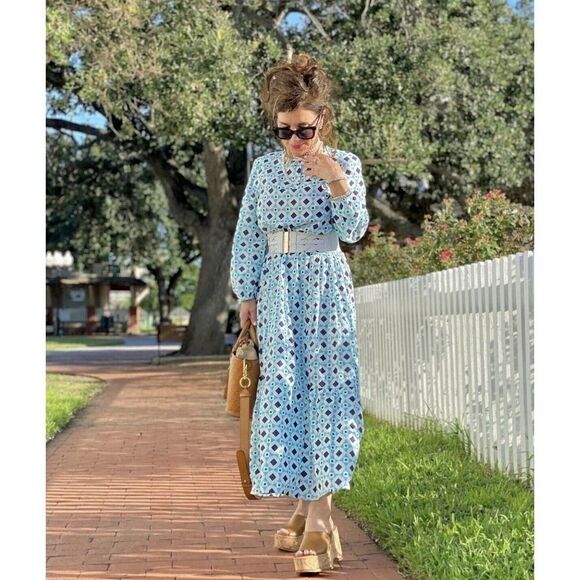 ZARA Print Dress Blue Geometry Print Long Sleeves - Picture 6 of 13